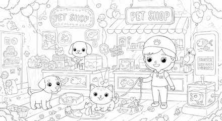 Obraz premium Charming pet shop scene with a veterinarian, puppy, and kitten, a delightful black and white coloring page for children.