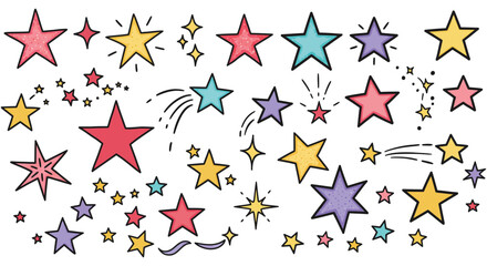 Colorful cartoon stars in various sizes and colors on white background