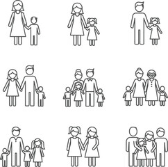 Vector icons set of family, parents, children, and couple silhouettes