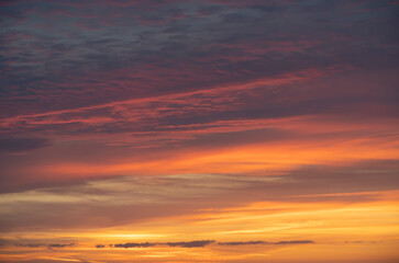 Asnelles-Sur-Mer, France - 08 08 2025: Sky Background. Detail view of a colorful cloudy sky at sunset at the beach