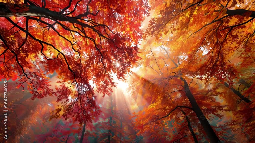 Poster bright orange and red leaves create a warm atmosphere as sunlight filters through the trees in an au