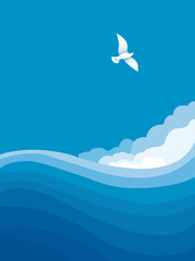Minimal Seascape with White Bird, Blue Waves and Sky Copy Space