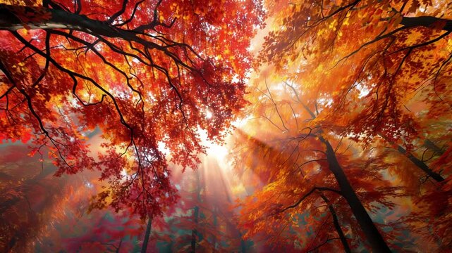 Bright orange and red leaves create a warm atmosphere as sunlight filters through the trees in an autumn forest setting