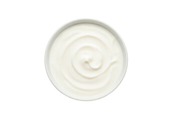 Creamy White Yogurt or Sour Cream in a Bowl. Top View of Fresh Dairy Product with Swirls, Isolated on White Background.