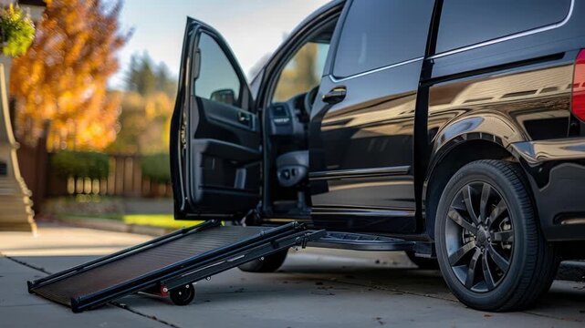 A black van with a ramp attached to it, designed for easy accessibility