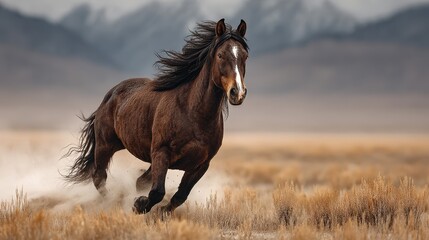 Fototapeta premium Majestic brown horse gallops across open field with mountains in the background during golden hour
