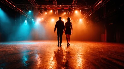 A silhouette of a couple walking hand in hand on stage, illuminated by bright, colorful lights, creating a dramatic and romantic atmosphere for an event or performance.