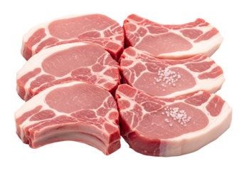 Assortment of Fresh Raw Pork Chops: Bone-in and Boneless Cuts with Salt Seasoning on White Background