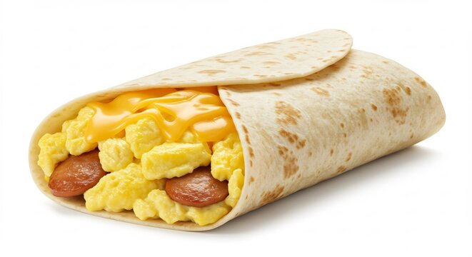 D�licieux burrito petit-d�jeuner dor� lumi�re vive �ufs saucisses fromage. AI Generated