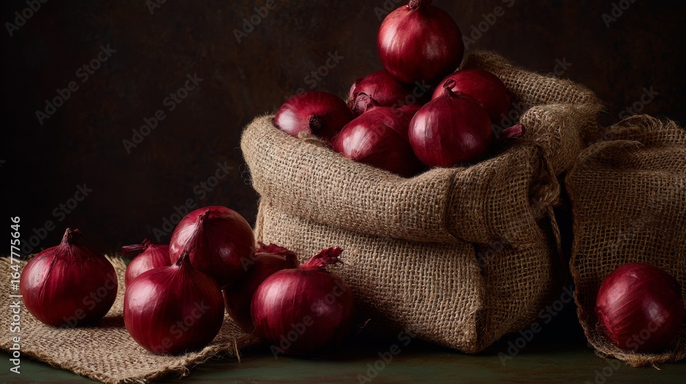 Aufkleber burlap sack filled with fresh red onions placed on rustic table surface