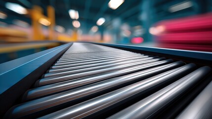 Conveyor Belt Transporting Products in Industrial Facility Close-Up View Modern Environment Engineering Concept