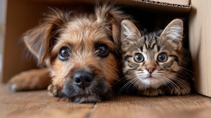 An adorable puppy and kitten cuddle comfortably together in a cardboard box, showcasing their innocent friendship and the beauty of companionship among animals.