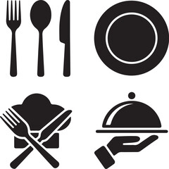 Elegant Black Food Service Vector  Chef Hat, Plate, Fork, Knife, Spoon, Hand Tray Silhouette for Cafe Menu, Restaurant Logo, Catering Business, Hospitality Design  Minimalist Clean Icon
