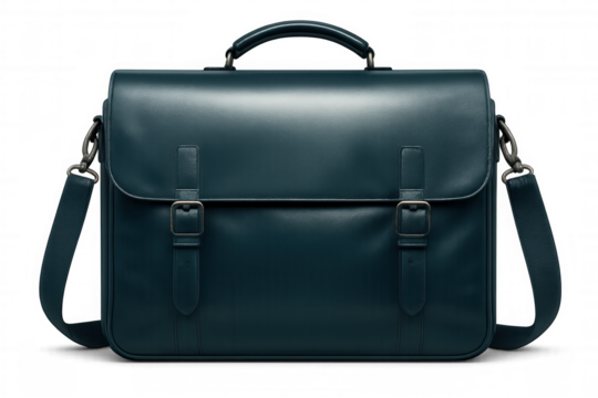 Studio shot of a stylish leather briefcase, ideal for professionals, featuring a sturdy handle and convenient shoulder strap, isolated on a transparent background