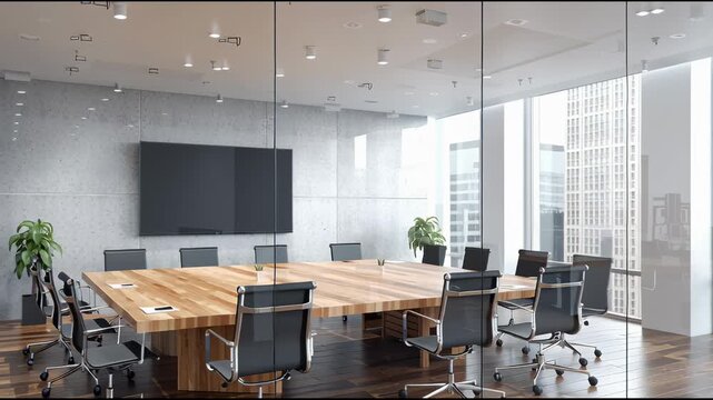 Executive Suite: A modern meeting space featuring a grand wooden table, inviting comfort and collaboration within a high-rise building and glass wall environment. 