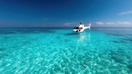 This vibrant image shows a helicopter gliding over crystal-clear aqua waters, creating an adventurous scene that evokes excitement and exploration in a tropical paradise.