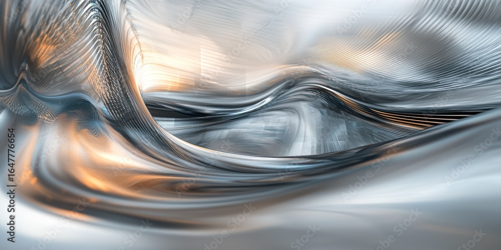 Poster a dynamic, abstract, metallic wave with a gradient of light and shadow, creating a sense of motion a