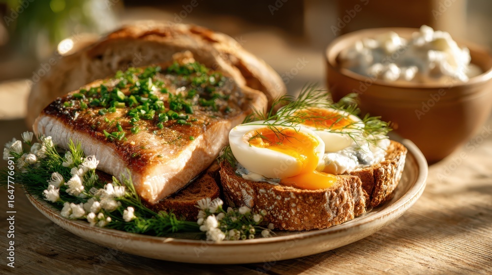 Poster an inviting meal of grilled salmon fillet served with soft-boiled eggs and rustic bread, emphasizing