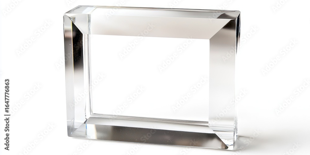 Poster a clear glass block with a rectangular frame, placed on a white surface. the glass block is transpar