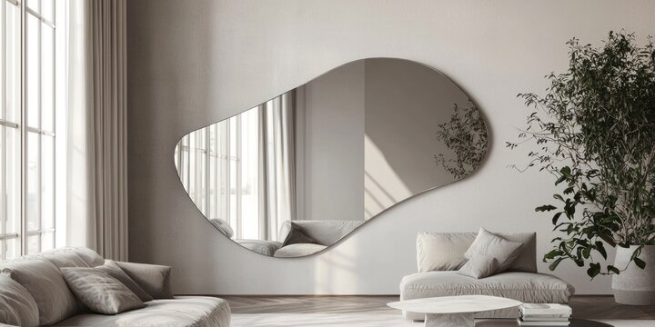 A modern living room with a large, irregularly shaped mirror on the wall, reflecting the sunlight from the window. The room features a minimalist design with a beige sofa