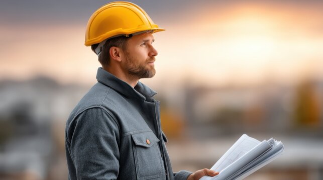 Asian Businessman Construction Engineer Evaluating Project Plans at Sunset on Construction Site