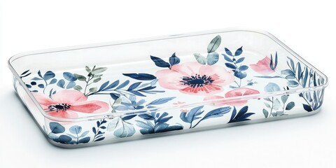 A rectangular glass tray with a floral pattern featuring pink and blue flowers and green leaves, placed on a white background.