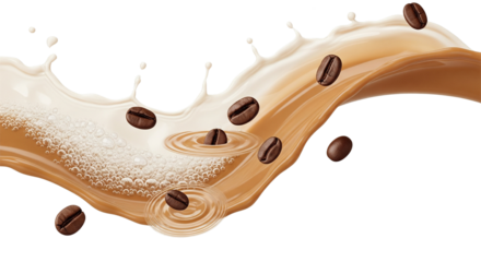 Milk Brown coffee liquid swirl splash and little bubbles with falling coffee Beans isolated on transparent png background, liquid fluid element flowing in form of	
