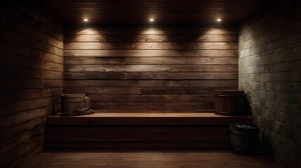 Cozy wooden sauna room with warm lighting