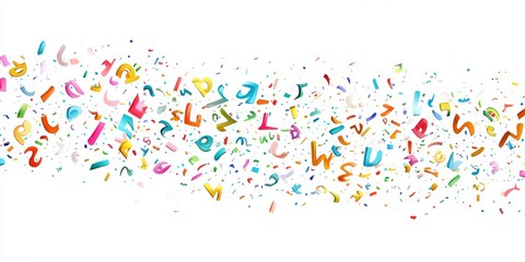 Naklejka premium Colorful letters scattered across a white background, creating a festive or celebratory effect. The letters are in various bright colors and appear to be floating or falling in a random pattern.