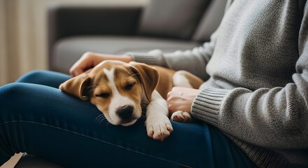 Plakat Puppy sleeping on owner's lap, cozy home scene