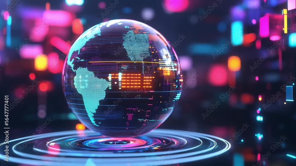Poster a digital globe spins slowly in an immersive environment filled with colorful neon lights and abstra