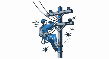 Cartoon Lineman Working on a Utility Pole with Electrical Wires