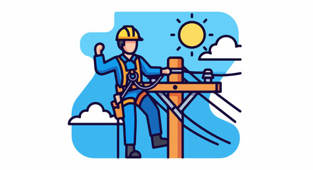 Cartoon Lineman Working on Power Lines Under the Sun