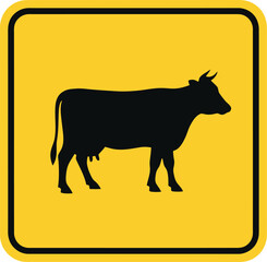 Yellow cow sign isolated on white background, indicating the presence of livestock, caution for drivers, and potential animal crossings in the area