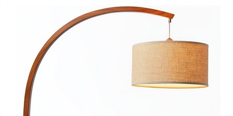 A modern arc floor lamp with a wooden frame and a beige fabric shade, positioned against a plain white background.