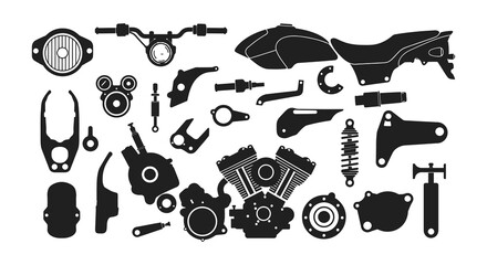 Collection of motorcycle parts and tools on a white background