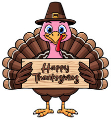 Cute cartoon thanksgiving turkey holding a sign that reads Happy Thanksgiving