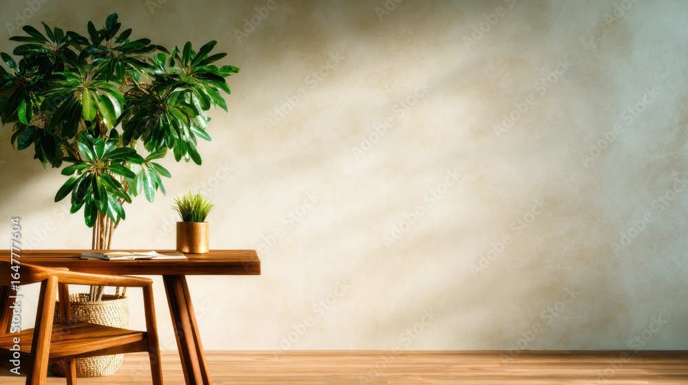 Poster a tranquil indoor setting featuring a large potted plant next to a wooden table, creating an invitin