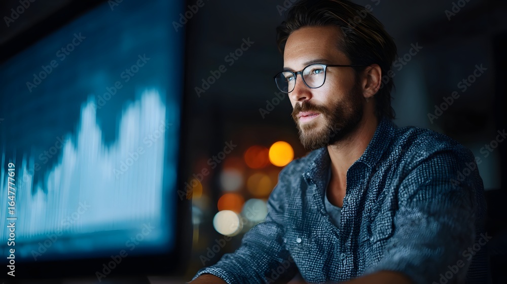 Poster man in glasses analyzing website traffic data on computer screen