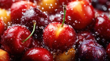 A visually enticing capture of vibrant cherries immersed in water, with bubbles forming a refreshing scene, highlighting the textures and colors that evoke cravings for freshness.