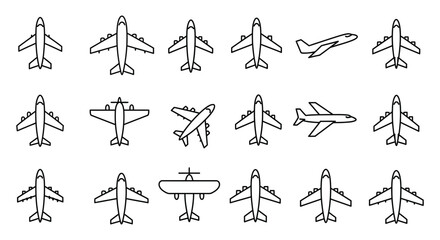 Airplane icons in various views and angles on white background