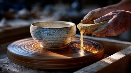 A skilled potter shapes a clay bowl on a spinning pottery wheel, showcasing the art of ceramics under warm, ambient lighting.