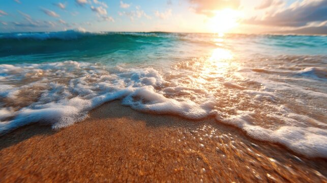 A serene sunset view over ocean waves gently lapping the sandy beach, capturing the tranquil beauty of nature in a mesmerizing light at dusk.