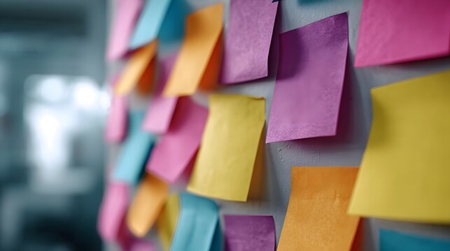 Colorful sticky notes for brainstorming marketing strategy in the office