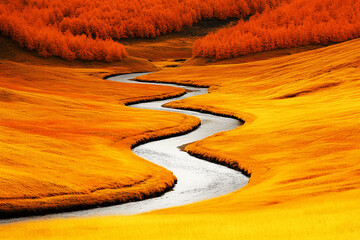 Winding river through a golden autumn field. Concept of nature, fall, landscape, peaceful.