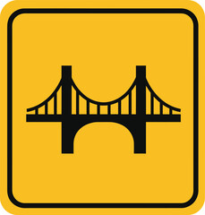 Yellow square bridge sign isolated on white background, indicating a bridge ahead, used for navigation, traffic control, and safety on roads and highways