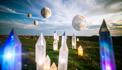 Crystal structures in a field under a celestial landscape
