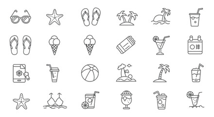 Summer vacation icons and symbols in a simple line style