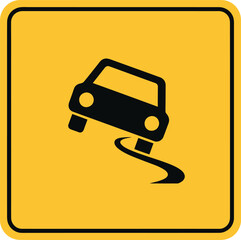 Slippery road sign warning of potential hazards isolated on white background, a yellow sign with a car skidding to indicate caution