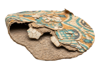 Vintage linoleum flooring, faded ochre, teal, off-white pattern, distressed, peeling, curling, cracked, revealing fibrous backing, isolated on transparent background. Study of material decay